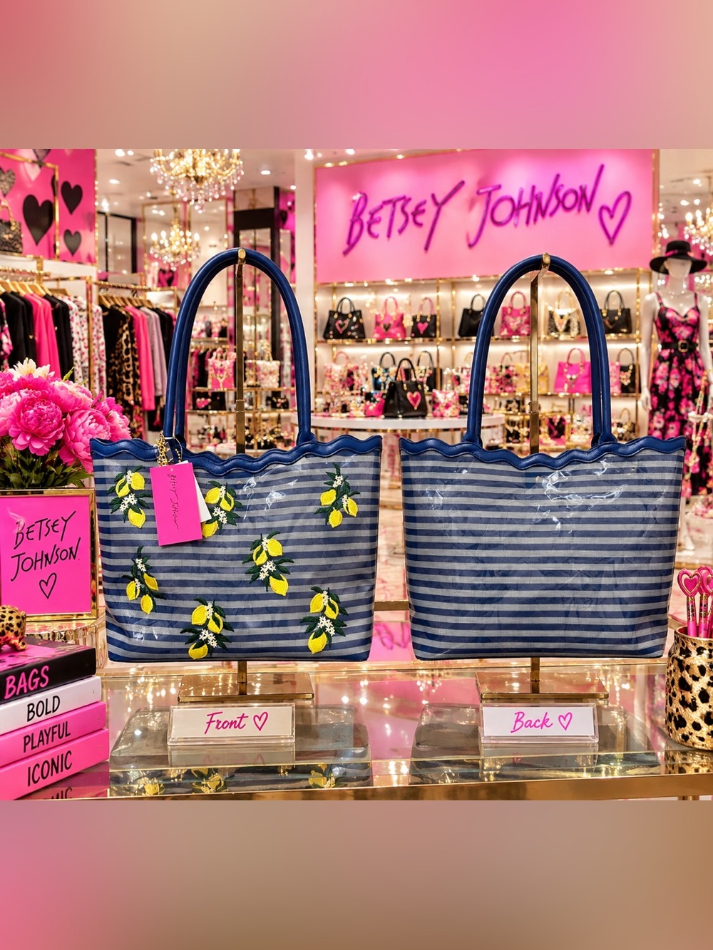 Betsey Johnson Blue Meshin Around Medium Striped Lemon Tote